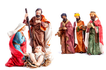 Fototapeta premium Christmas nativity scene with the Holy Family and the three wise men, isolated on white background