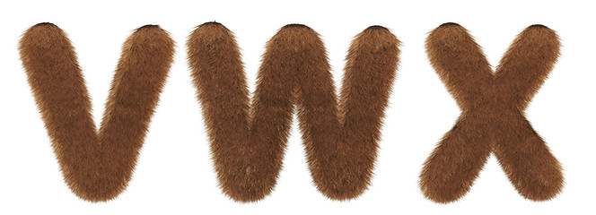 Alphabet fur - font 3d render - letter V, W, X