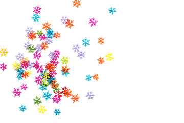 .Placer of a set of colored snowflakes on an isolated background. Copy space