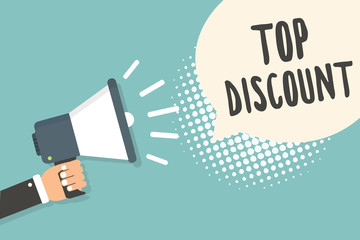 Handwriting text Top Discount. Concept meaning Best Price Guaranteed Hot Items Crazy Sale Promotions Man holding megaphone loudspeaker speech bubble blue background halftone