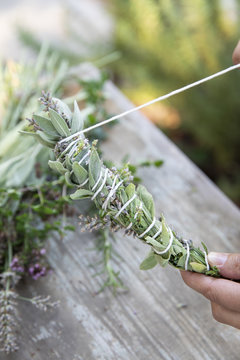 Smudge sticks made from fresh picked herbs