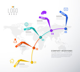 Five colorful vector progress steps illustration with paper stripes, icons, place for your company text with light world map at the background.
