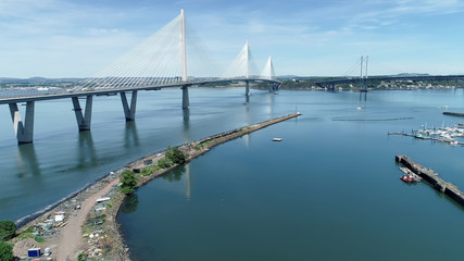 Aerial view of the Queensferry Crossing bridge near Edinburgh.
