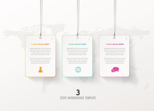 Three vector progress steps illustration with hanging cards,  icons and place for your company text.