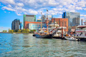 Boston, MA, USA-October 20, 2017: Boston Harbor and harbor boat tours