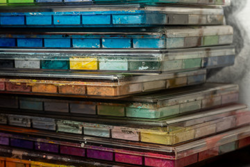 Close up Poster color tray, Poster color, Stacked color tray.