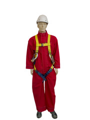 Male mannequin in red protective suit.
