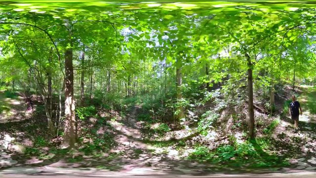 360 vr clip of a man walking through a forest.