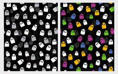 Cute Little Ghosts Vector Patterns. Ghost Shape Confetti Scattered on a Black Background. White, Pink, Blue, Green, Grey and Yellow Funny Brownies. Helloween Simple Infantile Design.