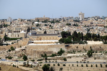 Fototapeta na wymiar view of the old city of Jerusalem in Israel with an olive mountain