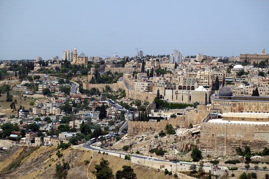 view of the old city of Jerusalem in Israel with an olive mountain