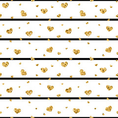 Gold heart seamless pattern. Black-white geometric stripes, golden confetti-hearts. Symbol of love, Valentine day holiday. Design wallpaper, background, fabric texture. Vector illustration