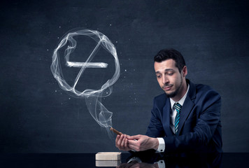 Businessman smoking cigarette and the smoke forms a no smoking sign.