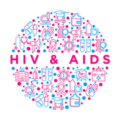 HIV and AIDs concept in circle with thin line icons: blood transfusion, syringe, antiviral drugs, physical examination, AIDs ribbon, blood test, microscope. Vector illustration, print media template.