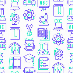 Back to school seamless pattern with thin line icons: backpack, bell, book, microscope, knowledge, owl, graduation cap, bus, chemistry, mathematics, biology, blackboard. Vector illustration.