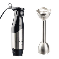 Black hand blender with accessory on the white background