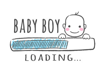 Progress bar with inscription - Baby boy is loading and kid face in sketchy style. Vector illustration for t-shirt design, poster, card, baby shower decoration - 220442373