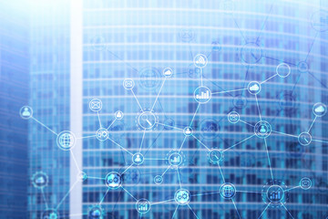 Double exposure Business organization structure on blurred background.