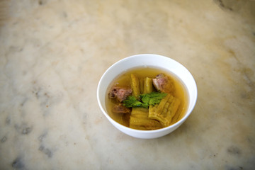 Bitter soup with eat rice delicious breakfast prepared on the table