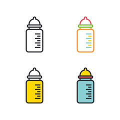 Baby bottle with scale flat simple line icons set.