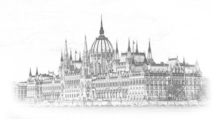 Hand drawn Hungarian parliament in Budapest. Illustration. Isolated on white background.