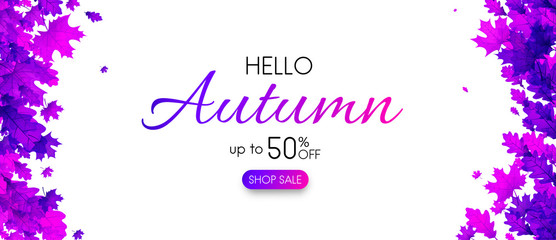 White autumn 50% sale. Promo banner with purple leaves.