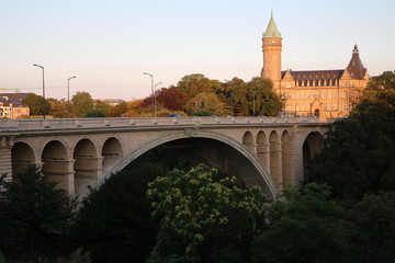Dusk at Adolphe bridge over the Petrus valley in Luxembourg, Luxembourg