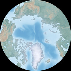 Polarstereo projection of the Arctic - shaded relief, the map colors gradually blend into one another across regions and from lowlands to highlands - 3D rendering