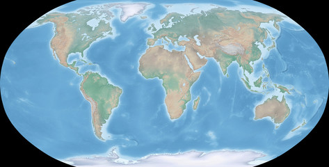Map of the world in Robinson projection - shaded relief, the map colors gradually blend into one another across regions and from lowlands to highlands - 3D rendering