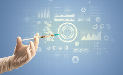 Female doctor hand holding syringe with research data graphic