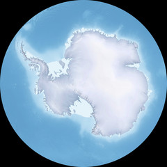 Polarstereo projection of the Antarctica - shaded relief, the map colors gradually blend into one another across regions and from lowlands to highlands - 3D rendering