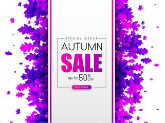 Autumn sale. Promo poster with purple leaves.