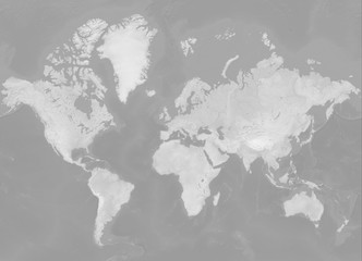 Map of the world in Mercator projection (no Antarctica) - terrain depicted monochromatically in shades of gray. Gray Earth with Shaded Relief, Hypsography, Ocean Bottom, and Drainages - 3D rendering