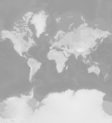 Map of the world in Mercator projection - terrain depicted monochromatically in shades of gray. Gray Earth with Shaded Relief, Hypsography, Ocean Bottom, and Drainages - 3D rendering