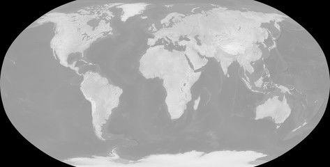 Map of the world in Robinson projection - terrain depicted monochromatically in shades of gray. Gray Earth with Shaded Relief, Hypsography, Ocean Bottom, and Drainages - 3D rendering