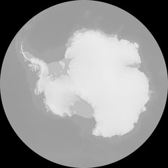 Polarstereo projection of the Antarctica - terrain depicted monochromatically in shades of gray. Gray Earth with Shaded Relief, Hypsography, Ocean Bottom, and Drainages - 3D rendering