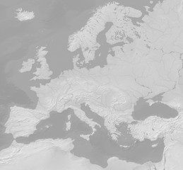 Map of Europe - terrain depicted monochromatically in shades of gray. Gray Earth with Shaded Relief, Hypsography, Ocean Bottom, and Drainages - 3D rendering