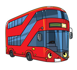 Funny London double-deck red bus with eyes