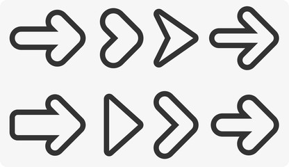 Set of black and white isolated right arrows.
