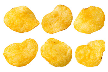 Potato chips cut on a white, close-up.