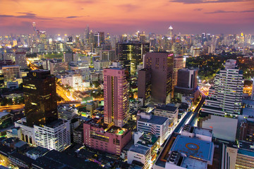Colourful night view to Bangkok city with skyscrapers