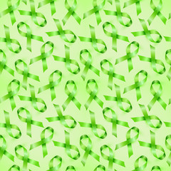 Lymphoma cancer green ribbon isolated on white background. Seamless pattern.