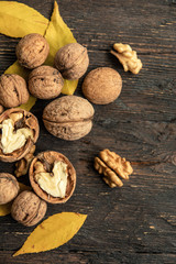 Autumn background. Flat lay. Nature concept. copy space. slices of apples, baden, walnuts.
