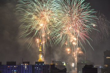 Sao Paulo, Brazil January 01, 2013. Burning of fireworks of Paulista Avenue during the Reveillont 2013, seen from the neighborhood of the Aclimacao.