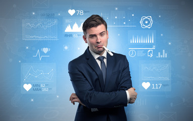 Young sick businessman with fever and medical research concept
