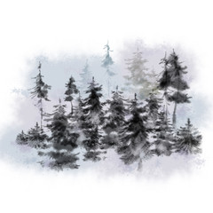 Fototapeta na wymiar Pine Trees Mystic Landscape. Watercolor Textured Romantic Winter Landscape for Print, Original Design, Card, Greeting Card, Poster, and any Printable Decoration.