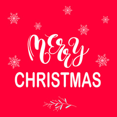 Hand sketched Merry Christmas with snowflakes and omela for greeting card. Lettering celebration logo, typography for winter holidays, postcard. Happy holidays poster on trendy red background. Vector.