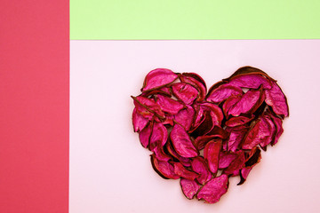abstract heart made of dried petals on colorful geometric background