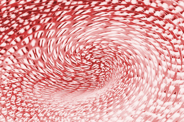 Spherical warp of space at edge of shot. Fantastic background image of wormhole of metallic and red...