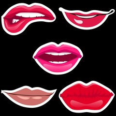 Obraz premium Lips patch collection. Vector illustration of sexy doodle woman's lips expressing different emotions. Isolated on black background